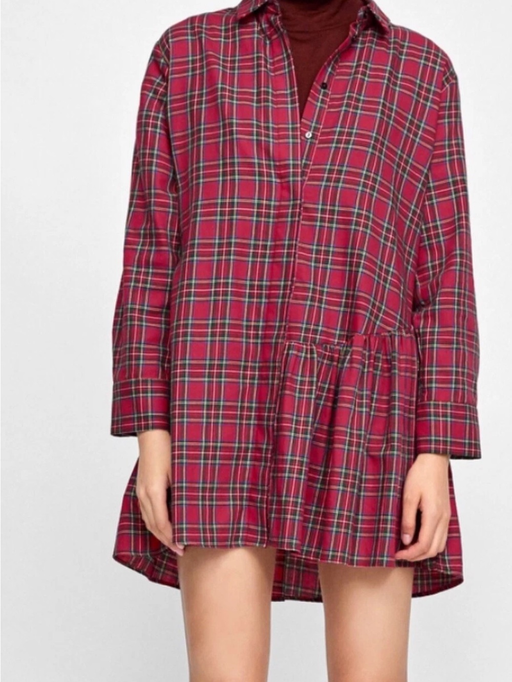 Zara Asymmetric Tartan Plaid Ruffle Tunic Shirt Dress Size XS